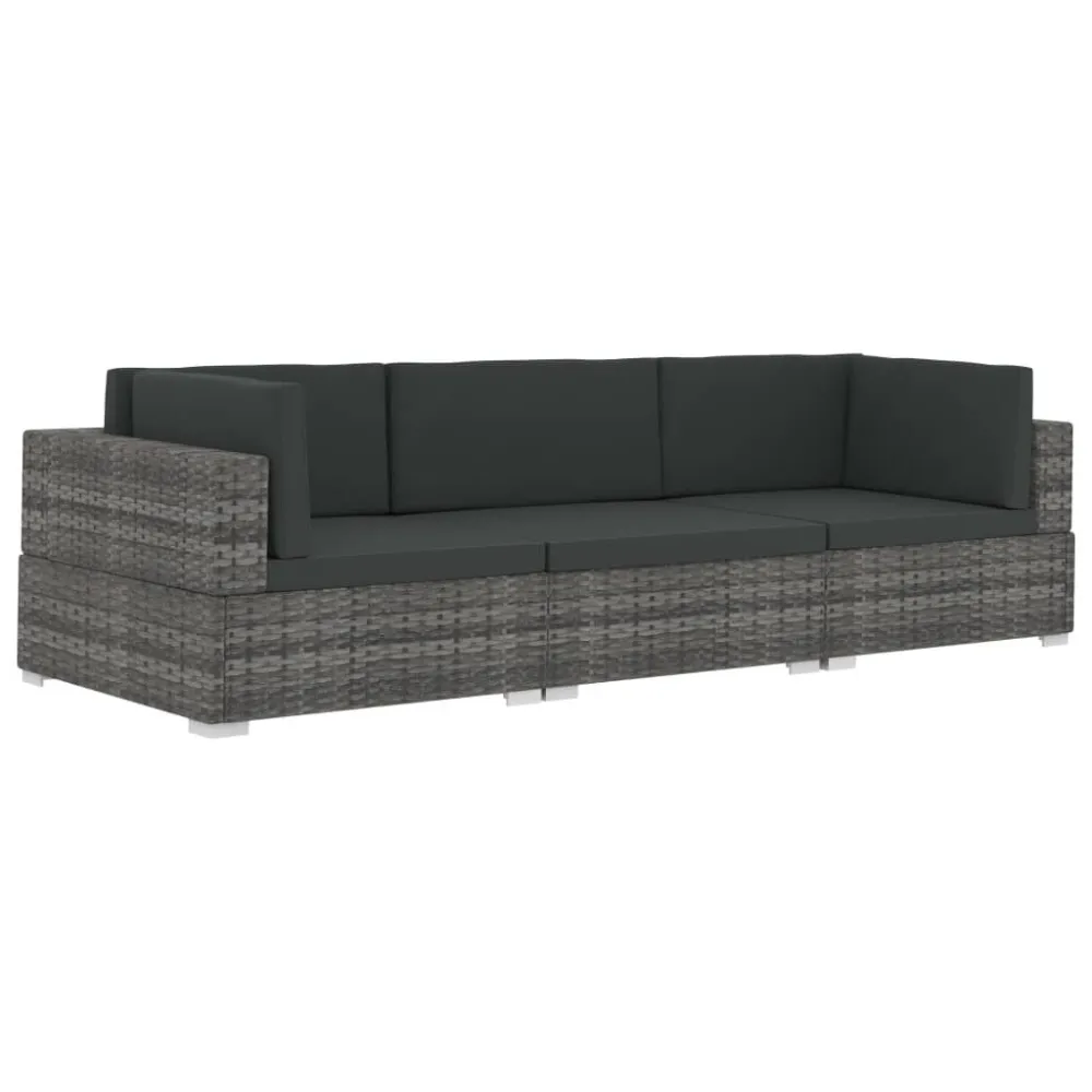 Cadeira Dobrável 3 pcs conjunto sofás de jardim com almofadões vime PE cinzento