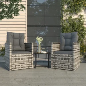 Cadeira Dobrável 3 peças conjunto lounge exterior com almofadões vime PE cinzento
