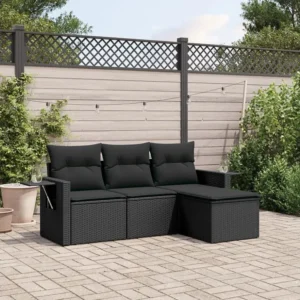 Cadeira Dobrável 4 peças conjunto de sofás para jardim com almofadões vime PE preto