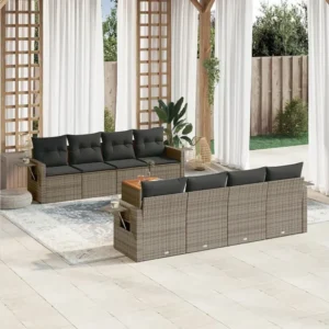 Cadeira Dobrável 9 peças conjunto sofás para jardim com almofadões vime PE cinzento