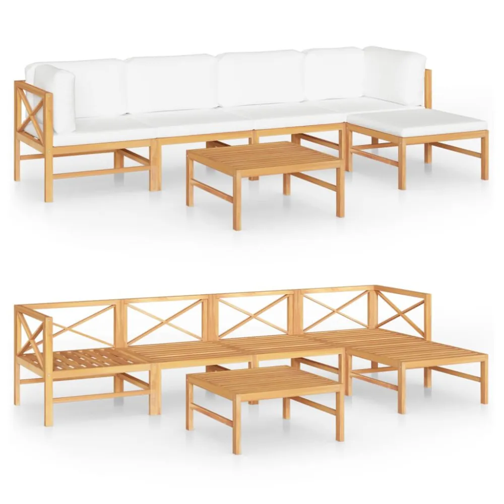 Cadeira de Jardim 6 pcs conj. lounge de jardim + almofadões cor creme teca maciç