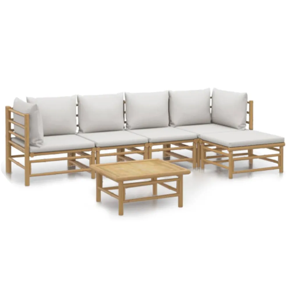Cadeira de Jardim 6 pcs conj. lounge de jardim bambu com almofadões cinzento-claro