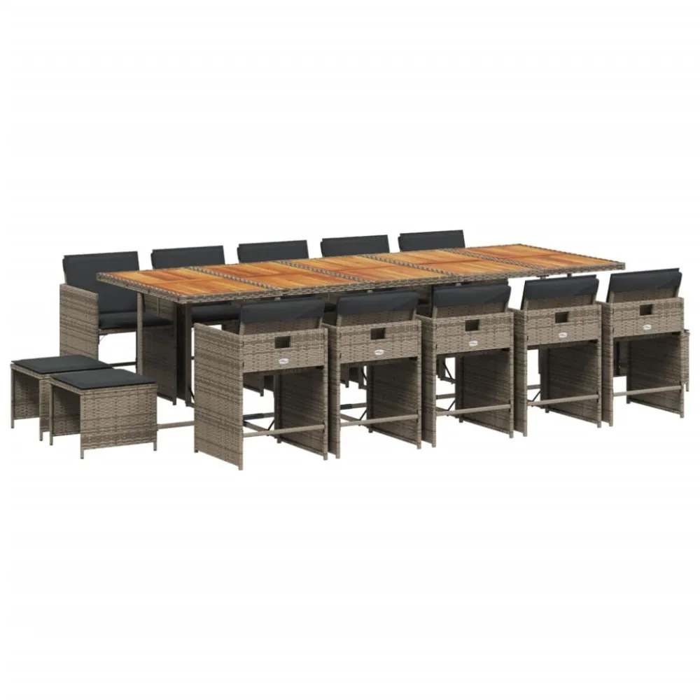 Cadeira de Jardim 15 pcs conjunto jantar para jardim com almofadões vime PE cinzento
