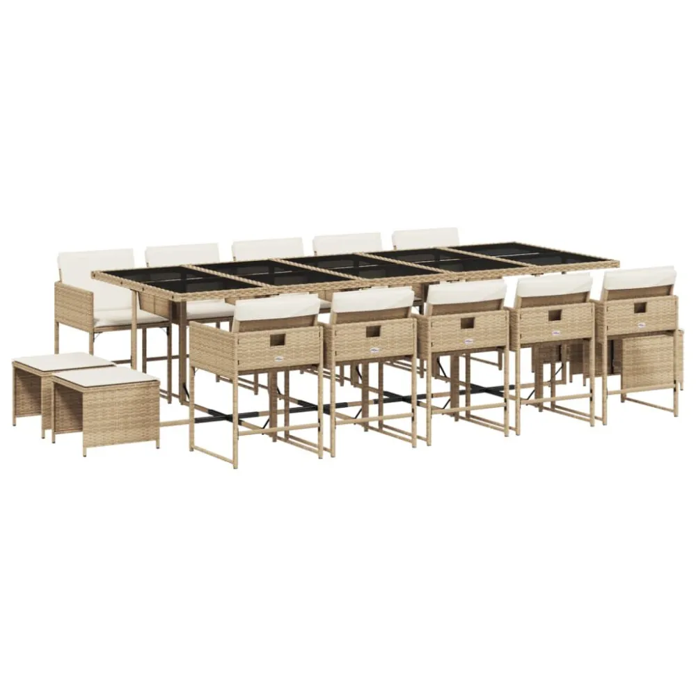 Cadeira de Jardim 15 pcs conjunto de jantar para jardim com almofadões vime PE bege