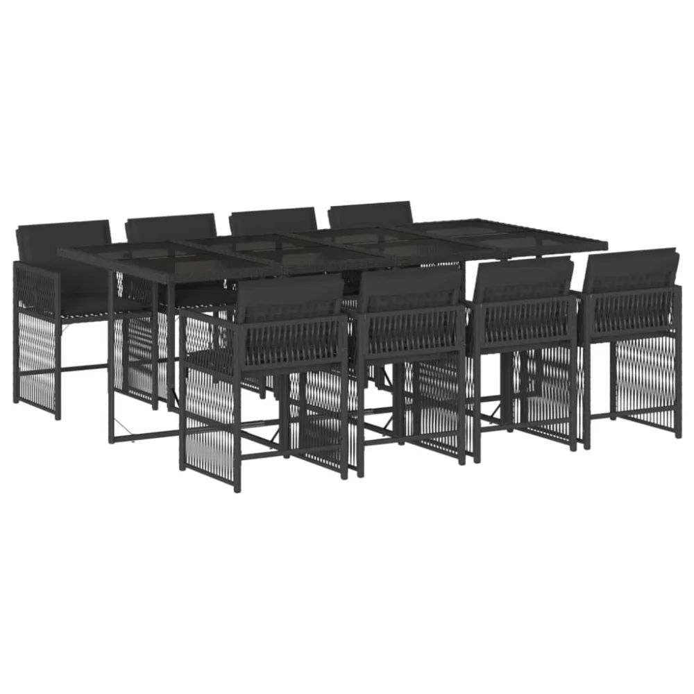 Cadeira de Jardim 9 pcs conjunto de jantar para jardim com almofadões vime PE preto