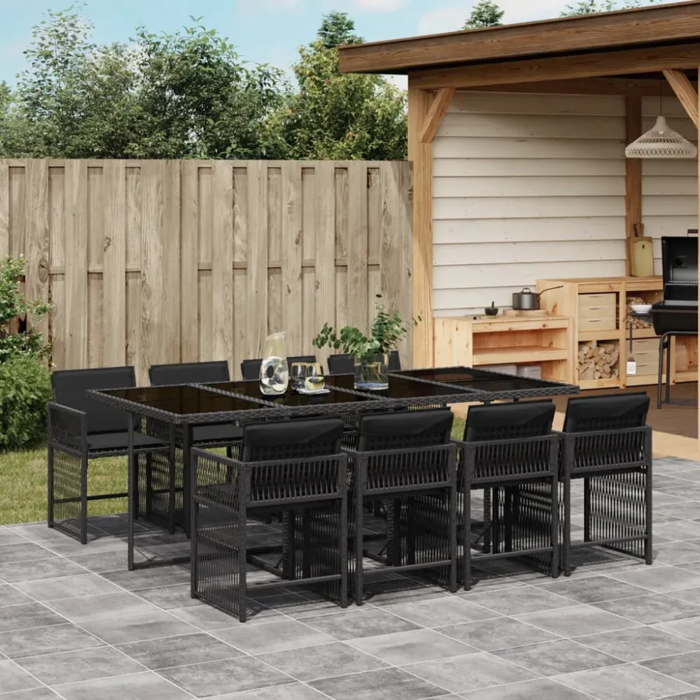 Cadeira de Jardim 9 pcs conjunto de jantar para jardim com almofadões vime PE preto