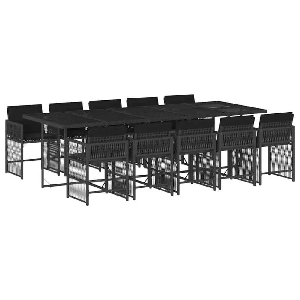 Cadeira de Jardim 11 pcs conjunto de jantar para jardim com almofadões vime PE preto