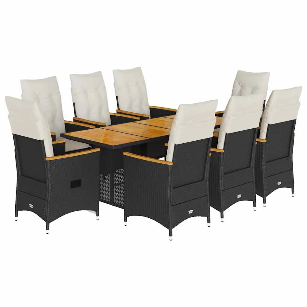 Cadeira de Jardim 9 pcs conjunto de jantar para jardim com almofadões vime PE preto