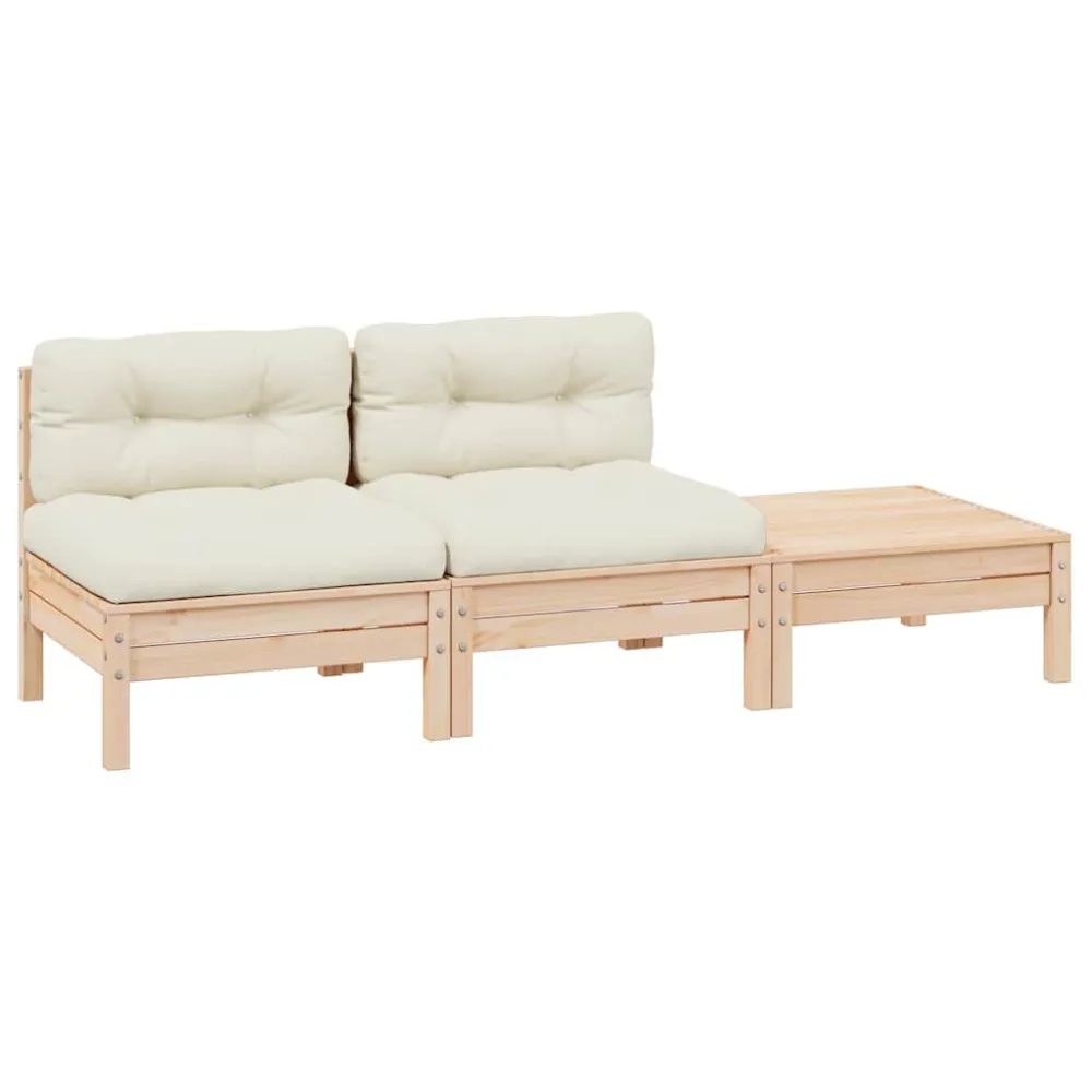 Cadeira de Jardim 3 pcs conjunto lounge jardim com almofadões creme pinho maciço