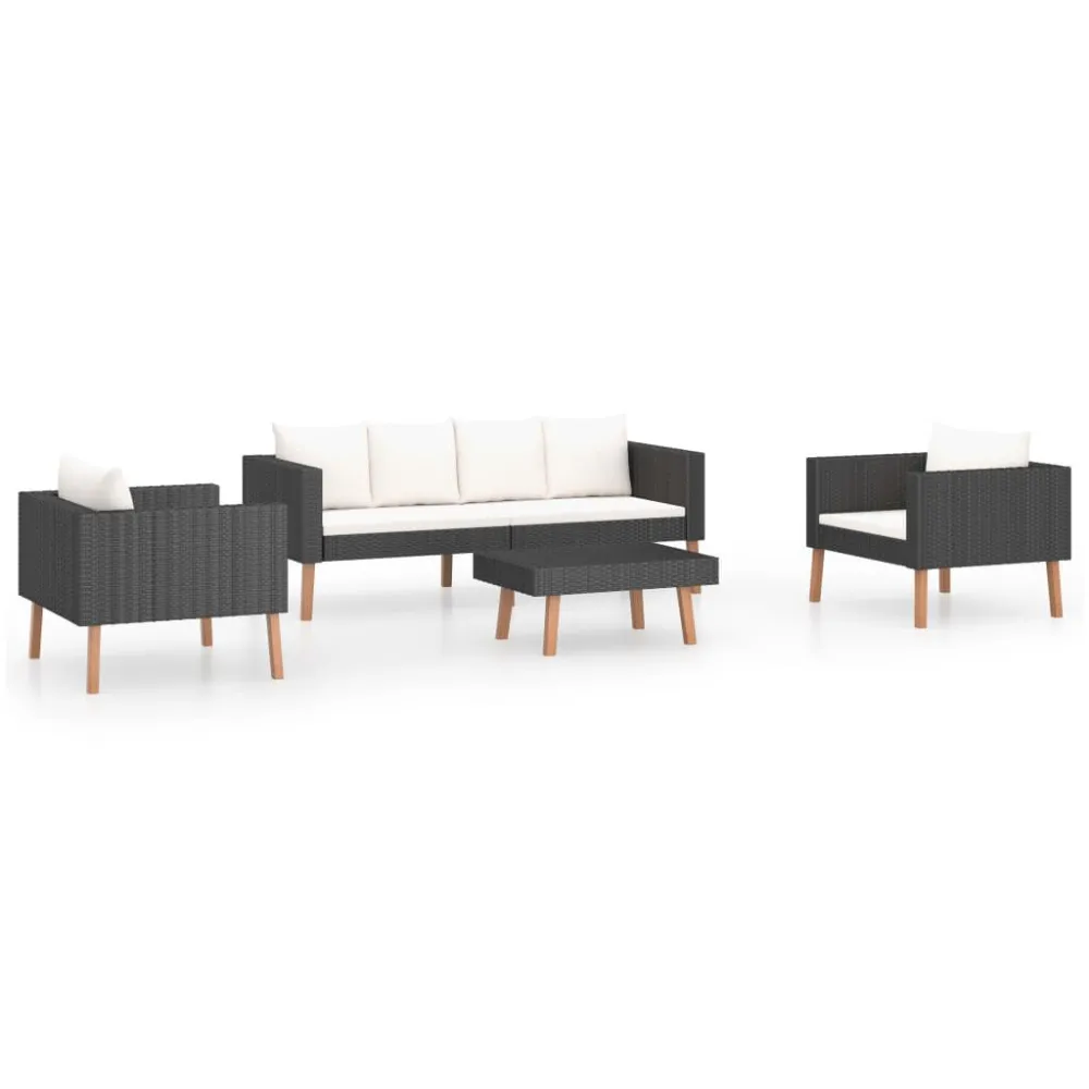 Cadeira de Jardim 4 pcs conjunto lounge de jardim com almofadões vime PE preto