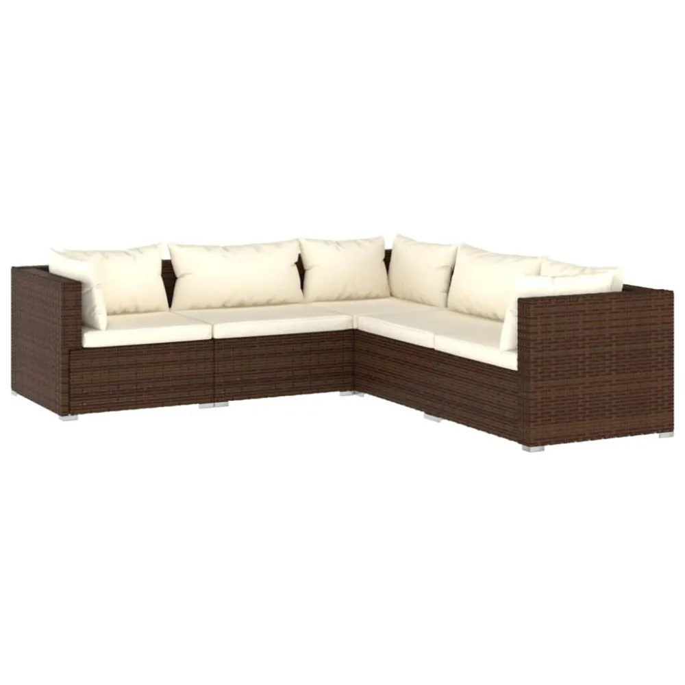 Cadeira de Jardim 5 pcs conjunto lounge jardim com almofadões vime PE castanho