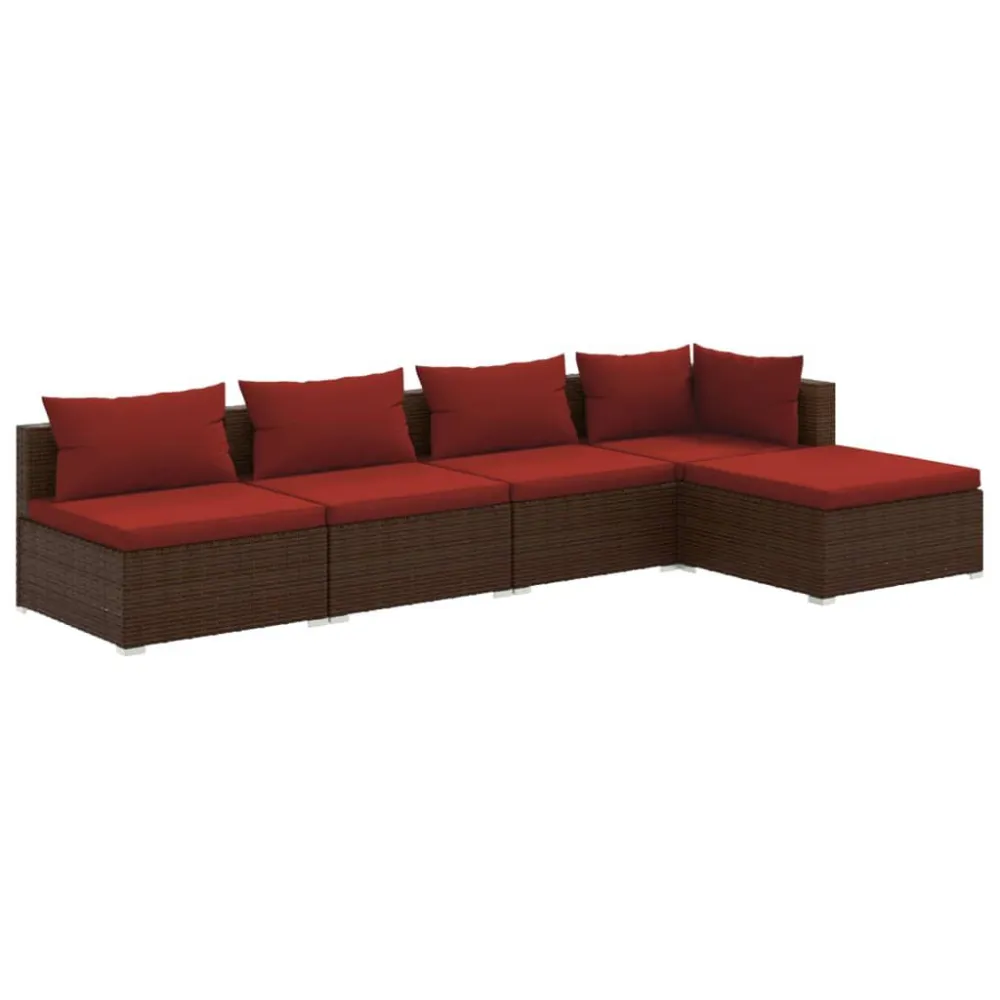 Cadeira de Jardim 5 pcs conjunto lounge jardim com almofadões vime PE castanho