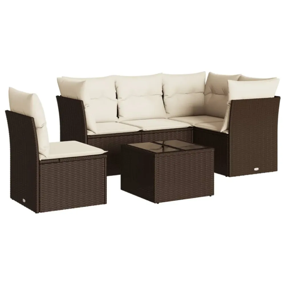 Cadeira de Jardim 6 pcs conjunto de sofás jardim com almofadões vime PE castanho