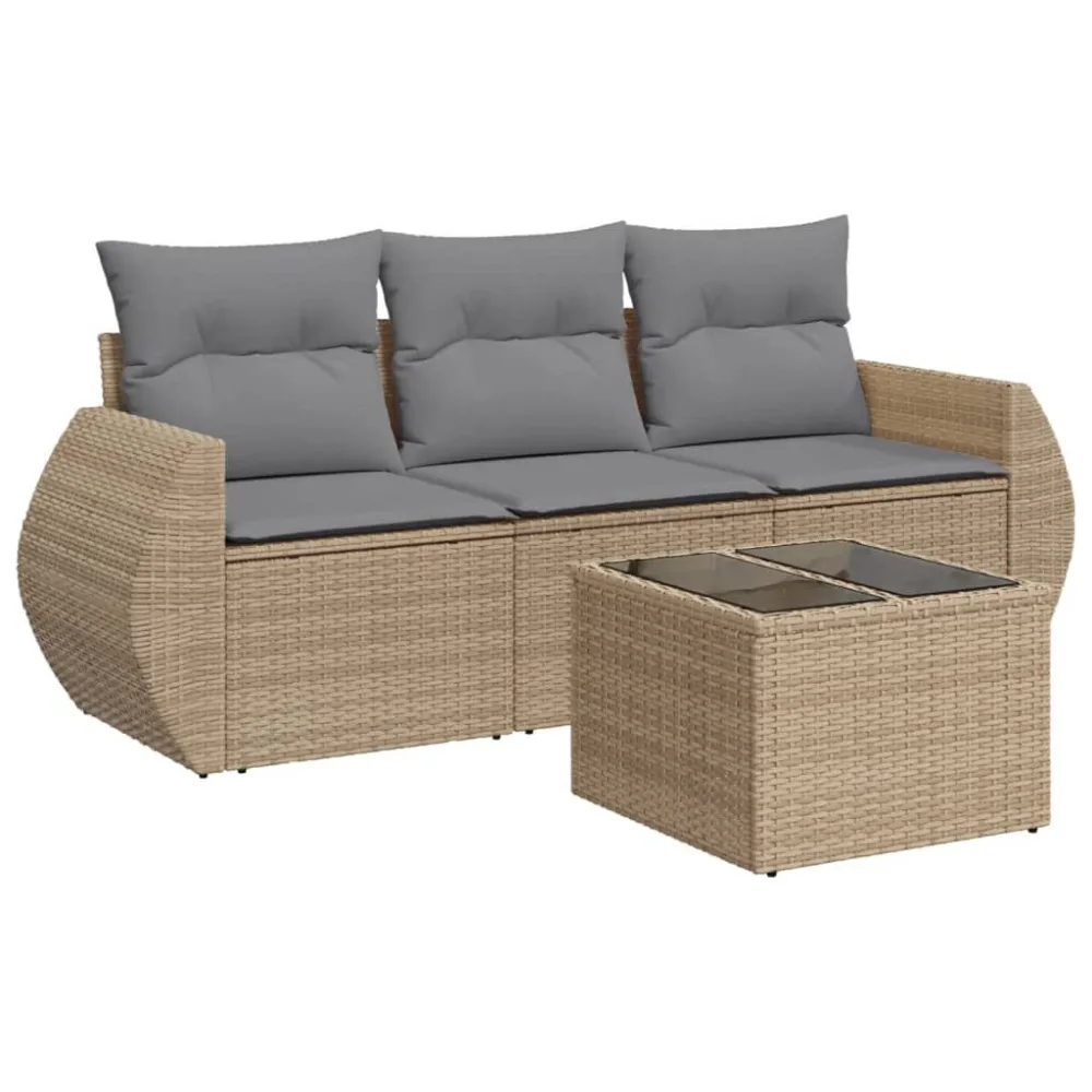 Cadeira de Jardim 4 pcs conjunto de sofás para jardim com almofadões vime PE bege