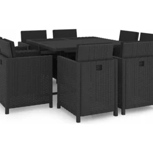 Cadeira de Jardim 9 peças conjunto jantar exterior com almofadões vime PE preto