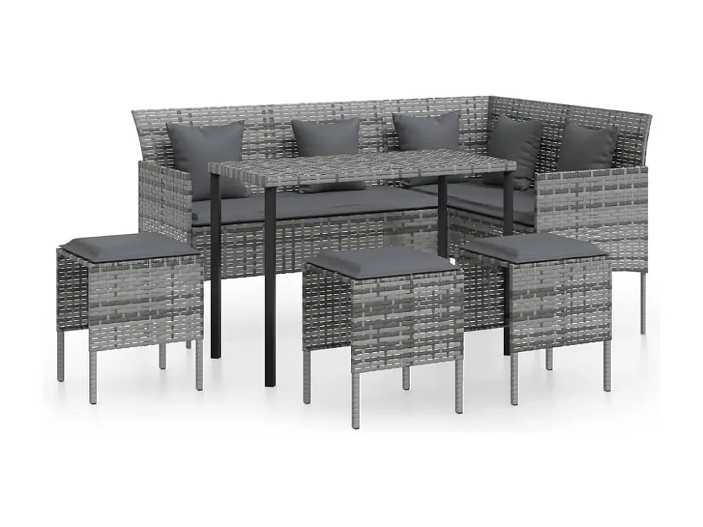 Cadeira de Jardim 5 peças conjunto sofás formato L com almofadões vime PE cinzento
