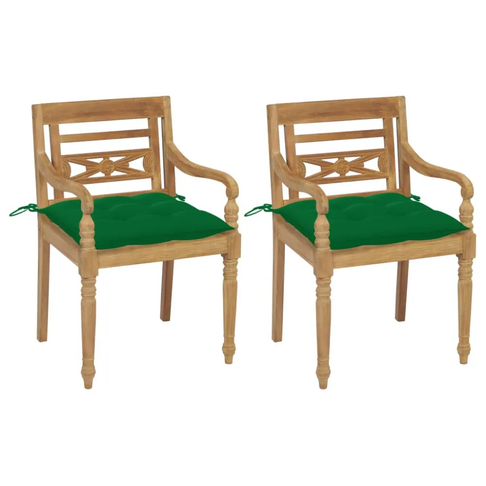 Cadeiras Batávia com almofadões verde 2 pcs teca maciç para Relaxamento ao Ar Livre