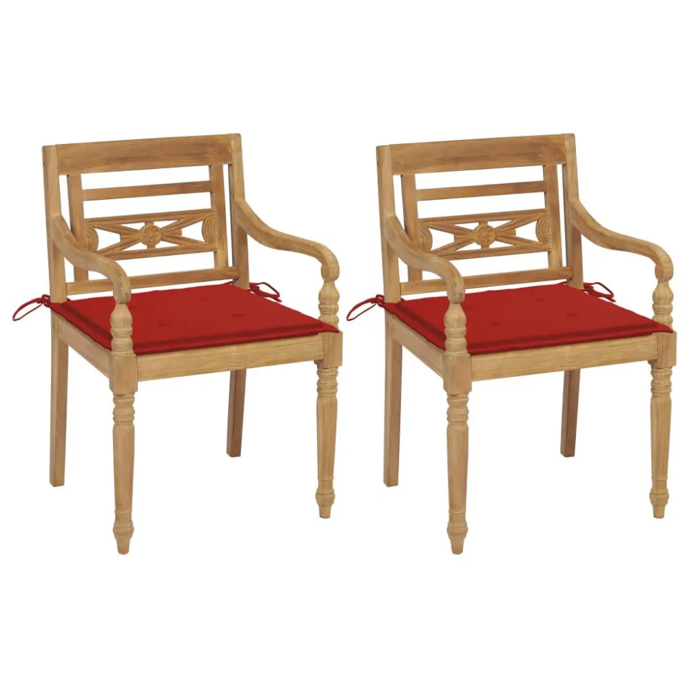 Cadeiras Batávia com almofadões vermelho 2 pcs teca maciç para Piscina e Jardim