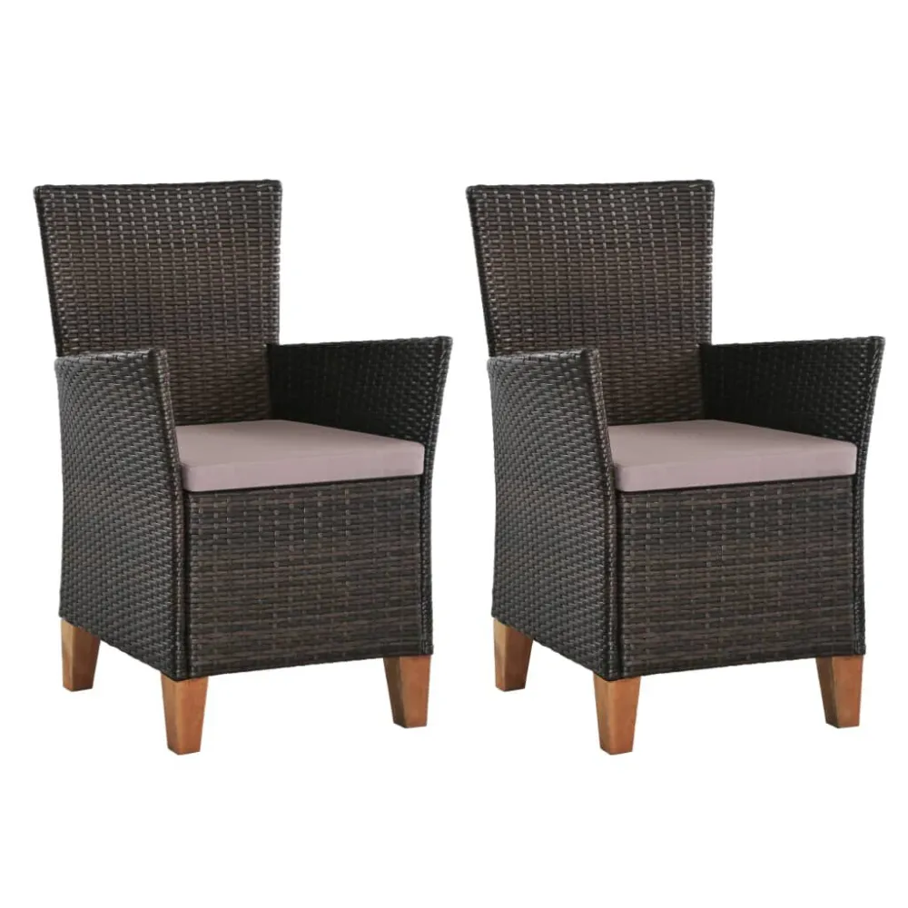 Cadeiras de exterior com almofadões 2 pcs vime PE castanho | Resistente à Chuva | Confortável