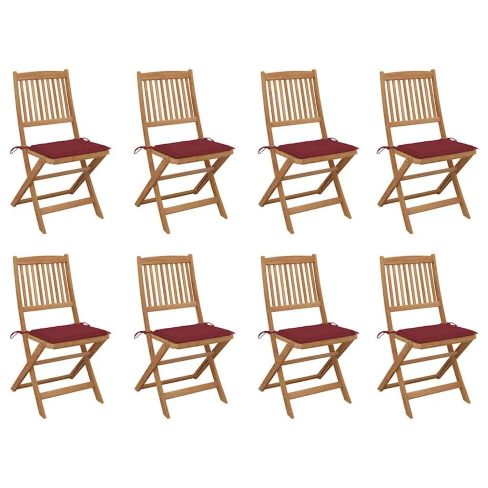 Cadeiras de exterior dobráveis com almofadões 8pcs acácia maciç com Tecido Impermeável UV