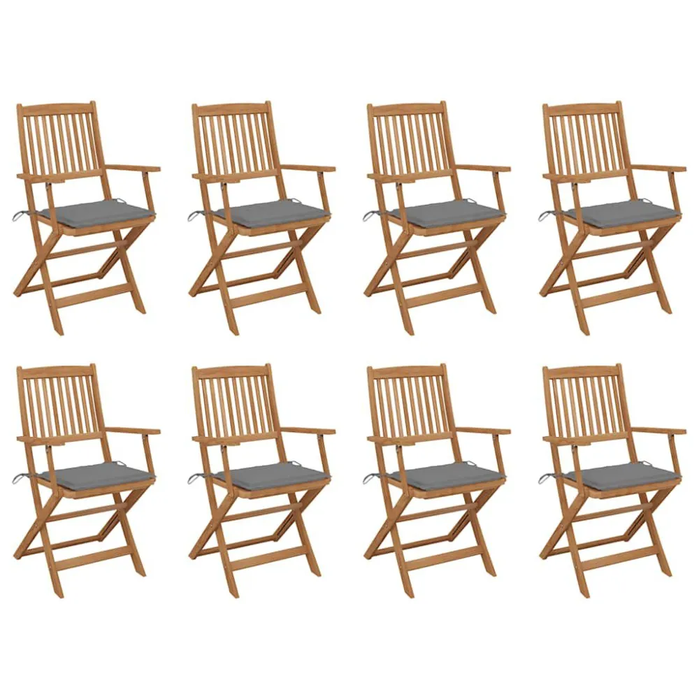 Cadeiras de exterior dobráveis com almofadões 8pcs acácia maciç com Apoio para Bebidas