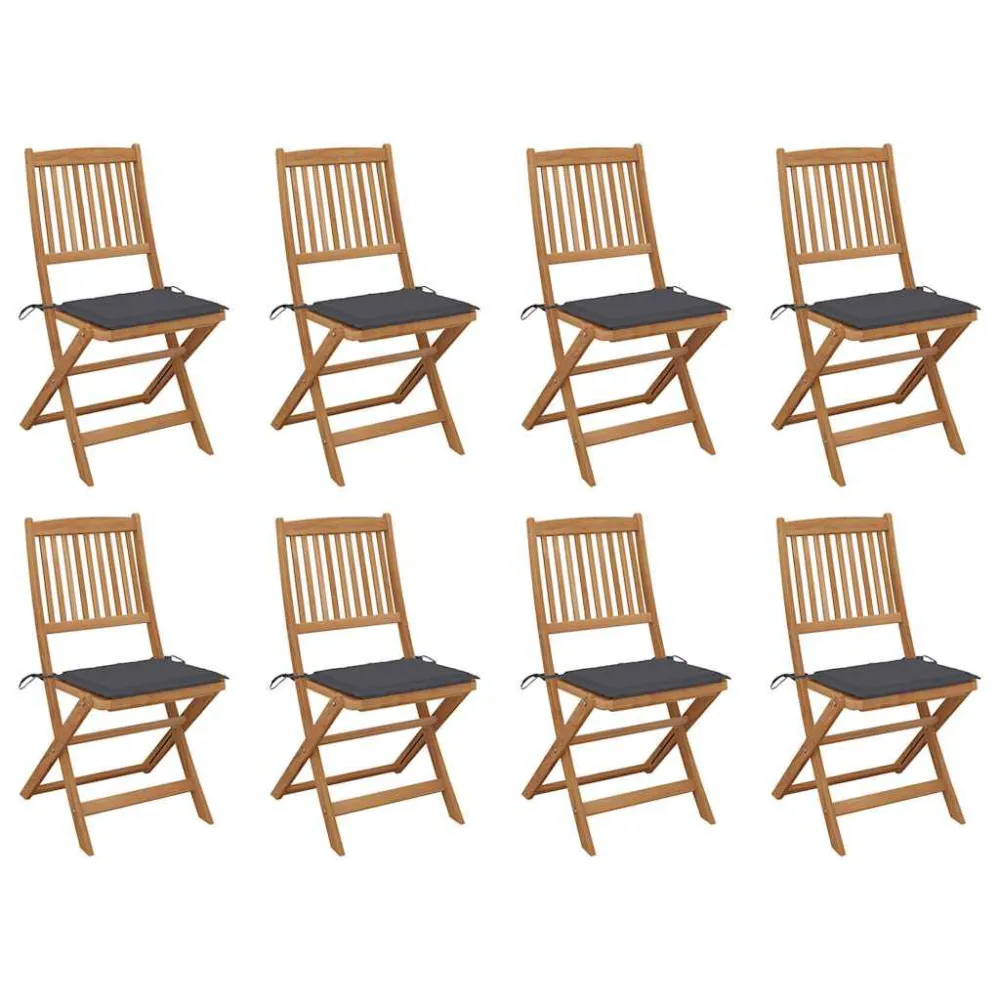 Cadeiras de exterior dobráveis com almofadões 8pcs acácia maciç para Piscina e Jardim