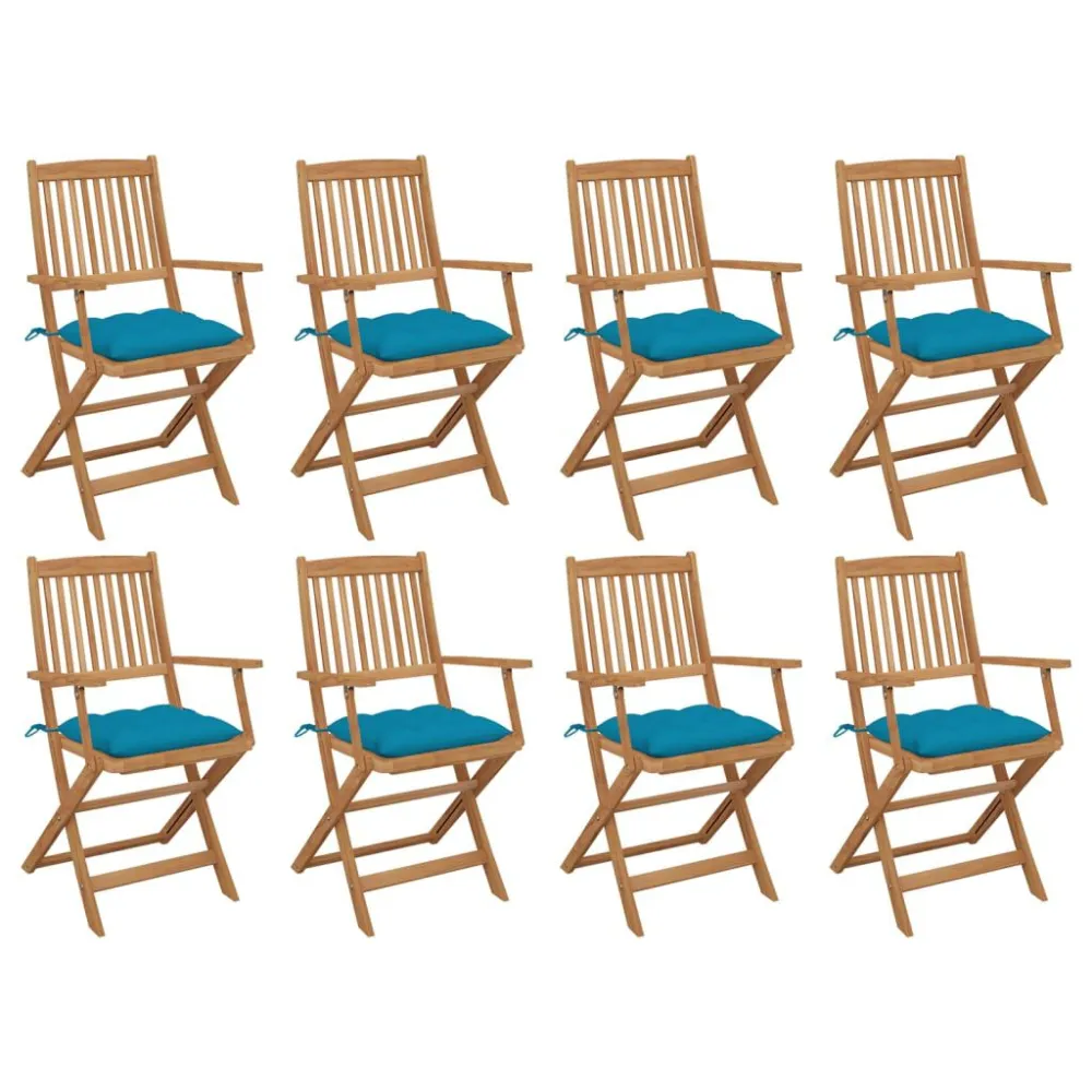 Cadeiras de exterior dobráveis com almofadões 8pcs acácia maciç com Apoio para Bebidas