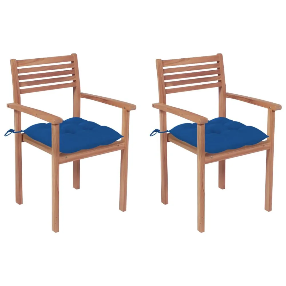 Cadeiras de jardim com almofadões azuis 2 pcs teca maciç com Apoio para Bebidas