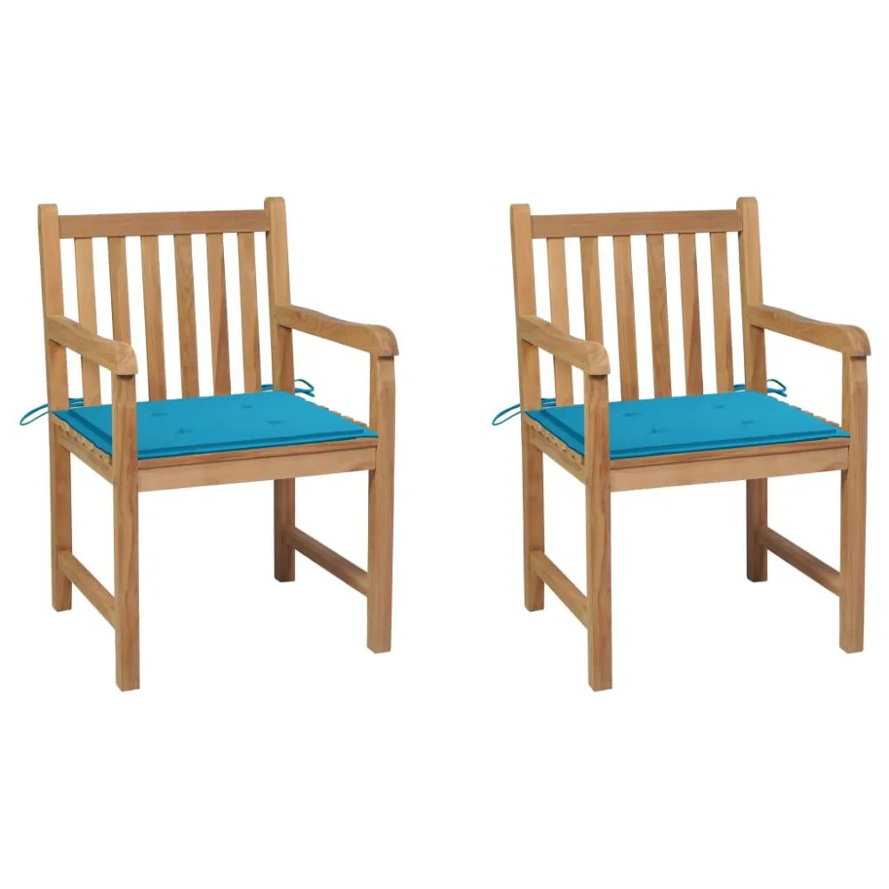 Cadeiras de jardim com almofadões azuis 2 pcs teca maciç Dobrável e Portátil