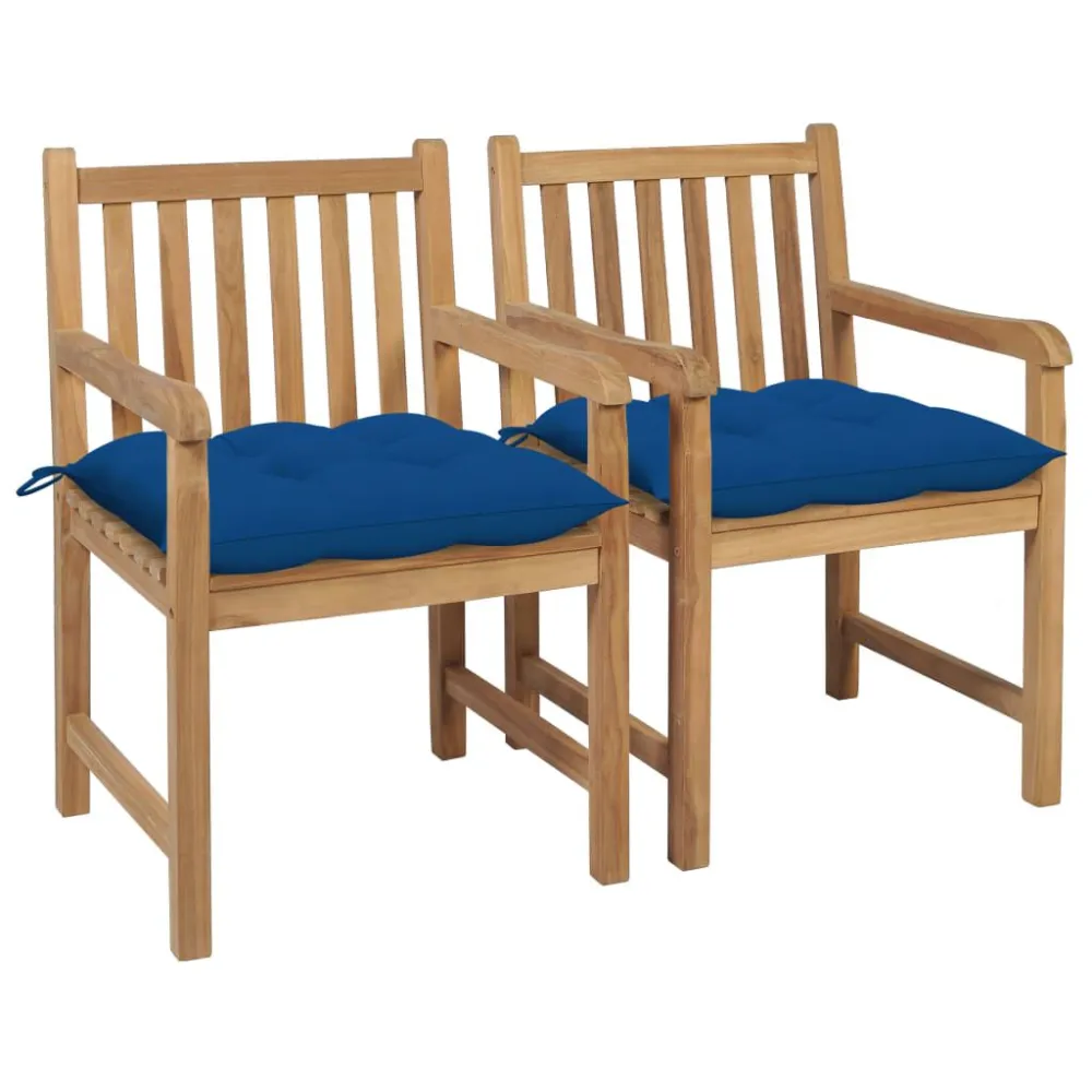 Cadeiras de jardim com almofadões azuis 2 pcs teca maciç com Apoio para Bebidas
