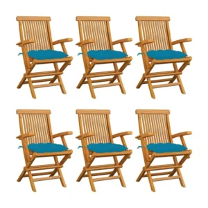 Cadeiras de jardim com almofadões azuis-claros 6 peças teca maciç para Piscina e Jardim