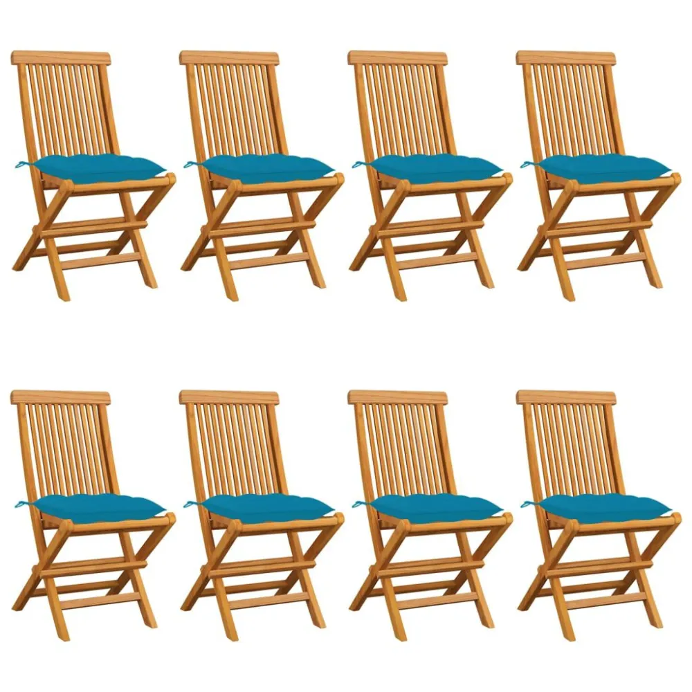 Cadeiras de jardim com almofadões azul-claro 8 pcs teca maciç com Revestimento em Textilene