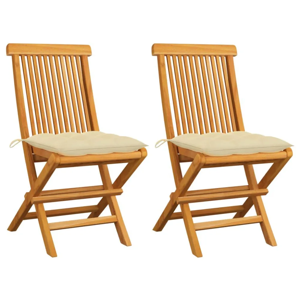 Cadeiras de jardim com almofadões branco nata 2 pcs teca maciç com Encosto Ajustável