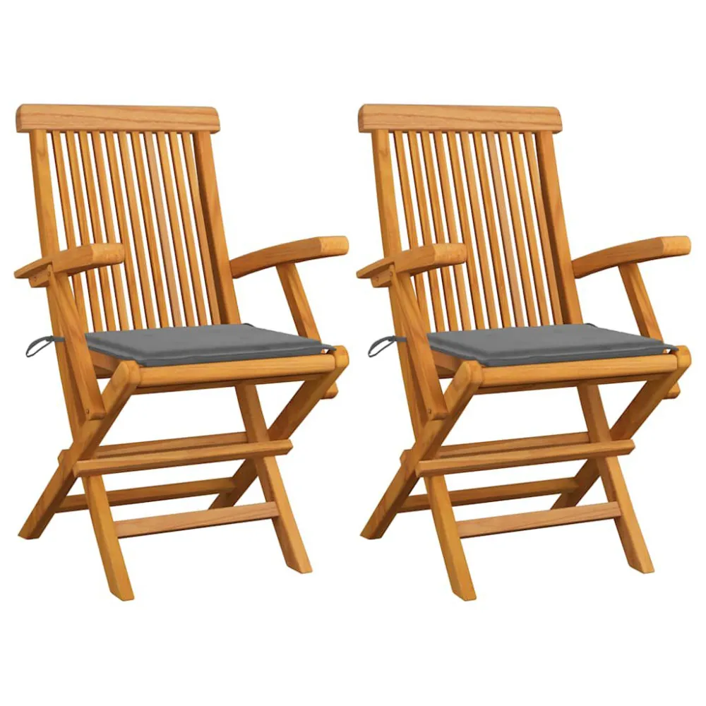 Cadeiras de jardim com almofadões cinzentos 2 pcs teca maciç com Tecido Impermeável UV