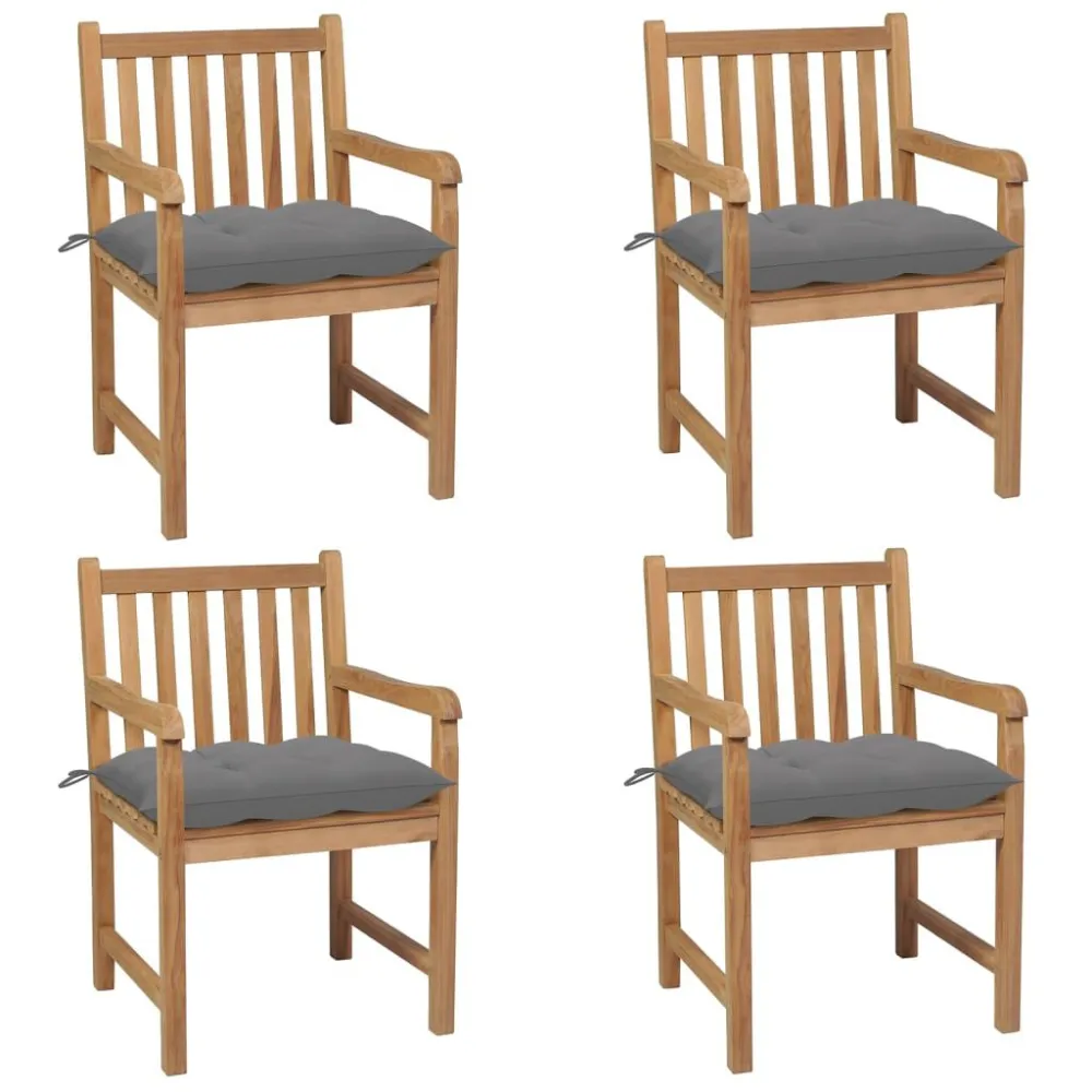 Cadeiras de jardim com almofadões cinzentos 4 pcs teca maciç | Resistente à Chuva | Confortável