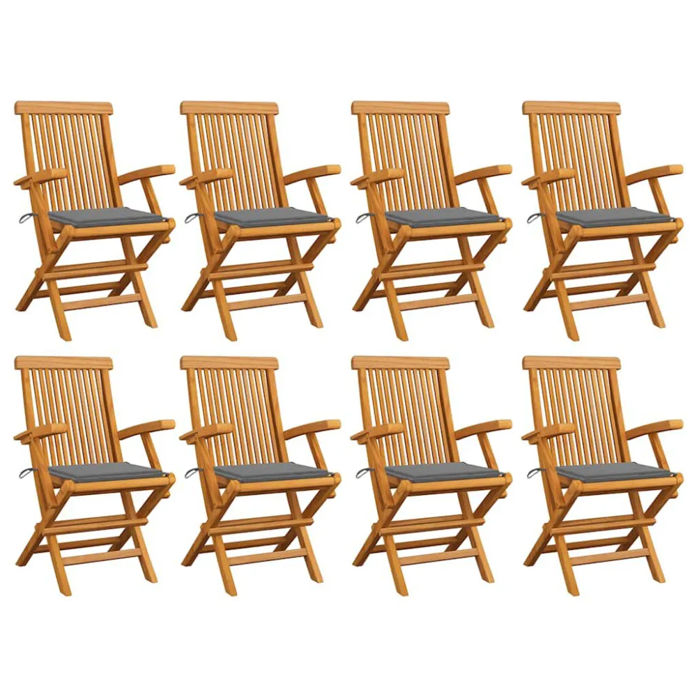 Cadeiras de jardim com almofadões cinzentos 8 pcs teca maciç para Piscina e Jardim