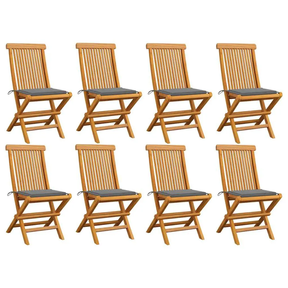 Cadeiras de jardim com almofadões cinzentos 8 pcs teca maciç com Revestimento em Textilene