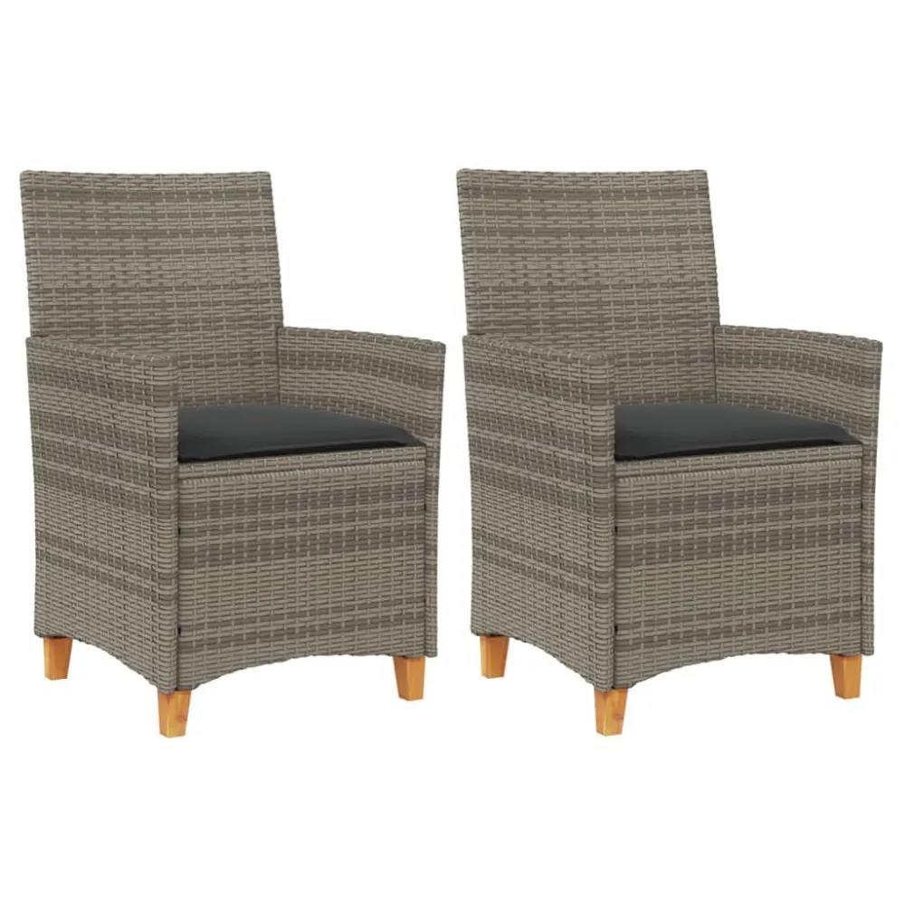 Cadeiras de jardim com almofadões 2 pcs vime PE/madeira cinza para Relaxamento ao Ar Livre