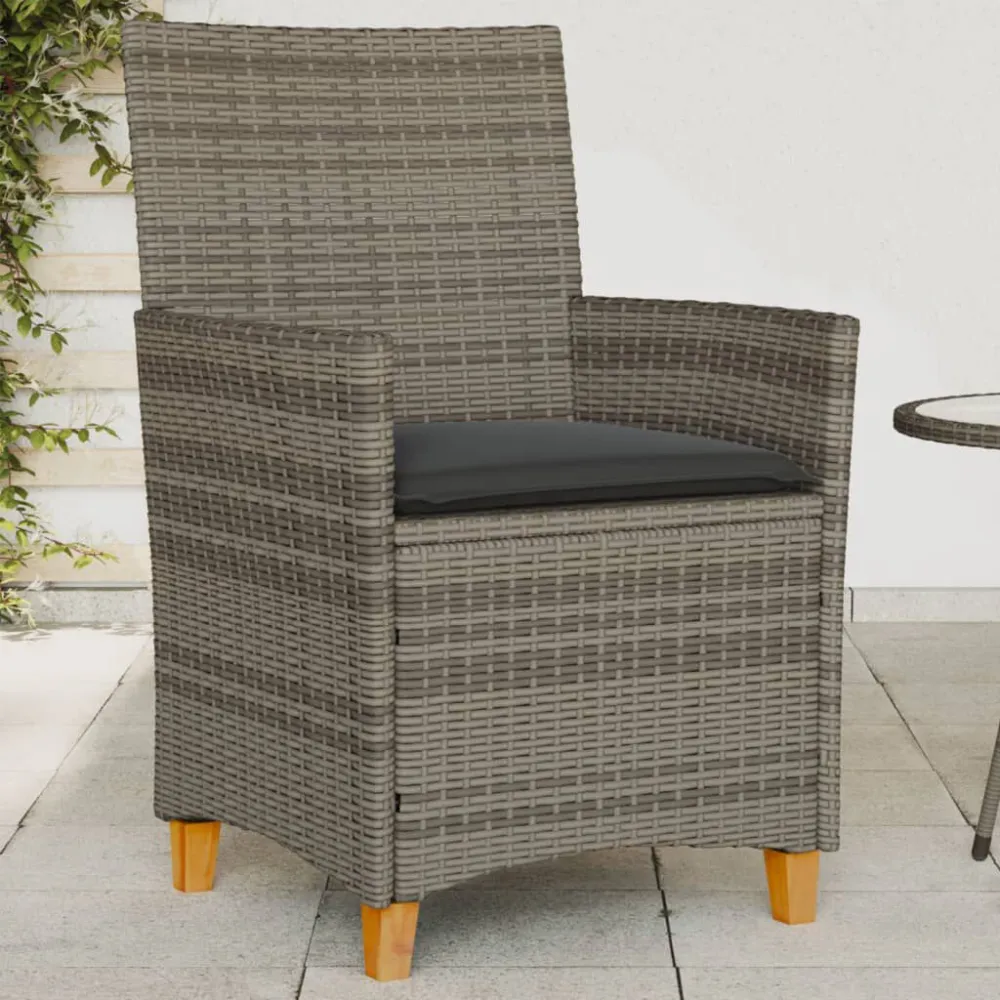 Cadeiras de jardim com almofadões 2 pcs vime PE/madeira cinza para Relaxamento ao Ar Livre