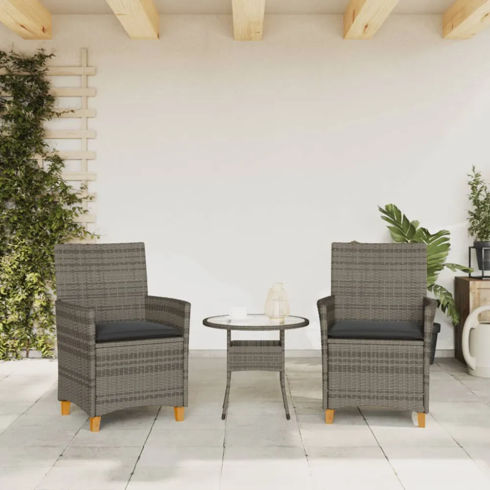 Cadeiras de jardim com almofadões 2 pcs vime PE/madeira cinza para Relaxamento ao Ar Livre