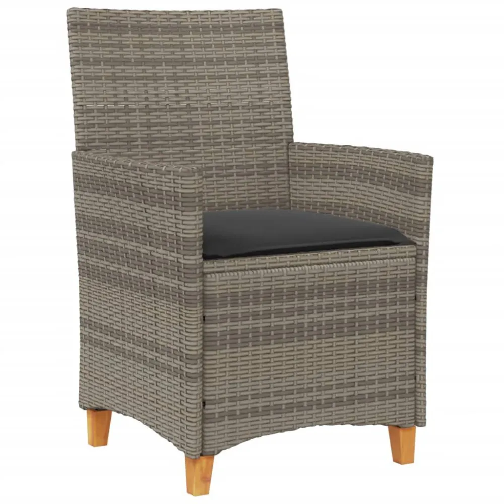 Cadeiras de jardim com almofadões 2 pcs vime PE/madeira cinza para Relaxamento ao Ar Livre