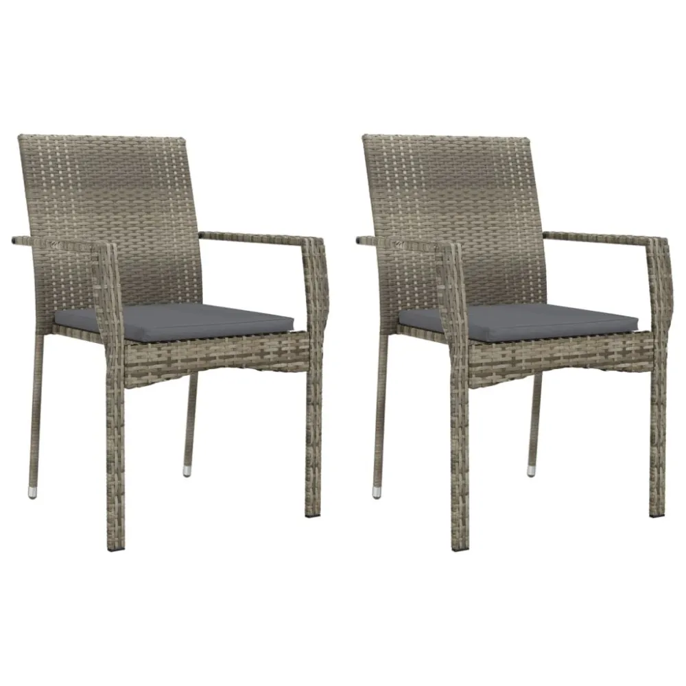 Cadeiras de jardim com almofadões 2 pcs vime PE cinzento com Revestimento em Textilene