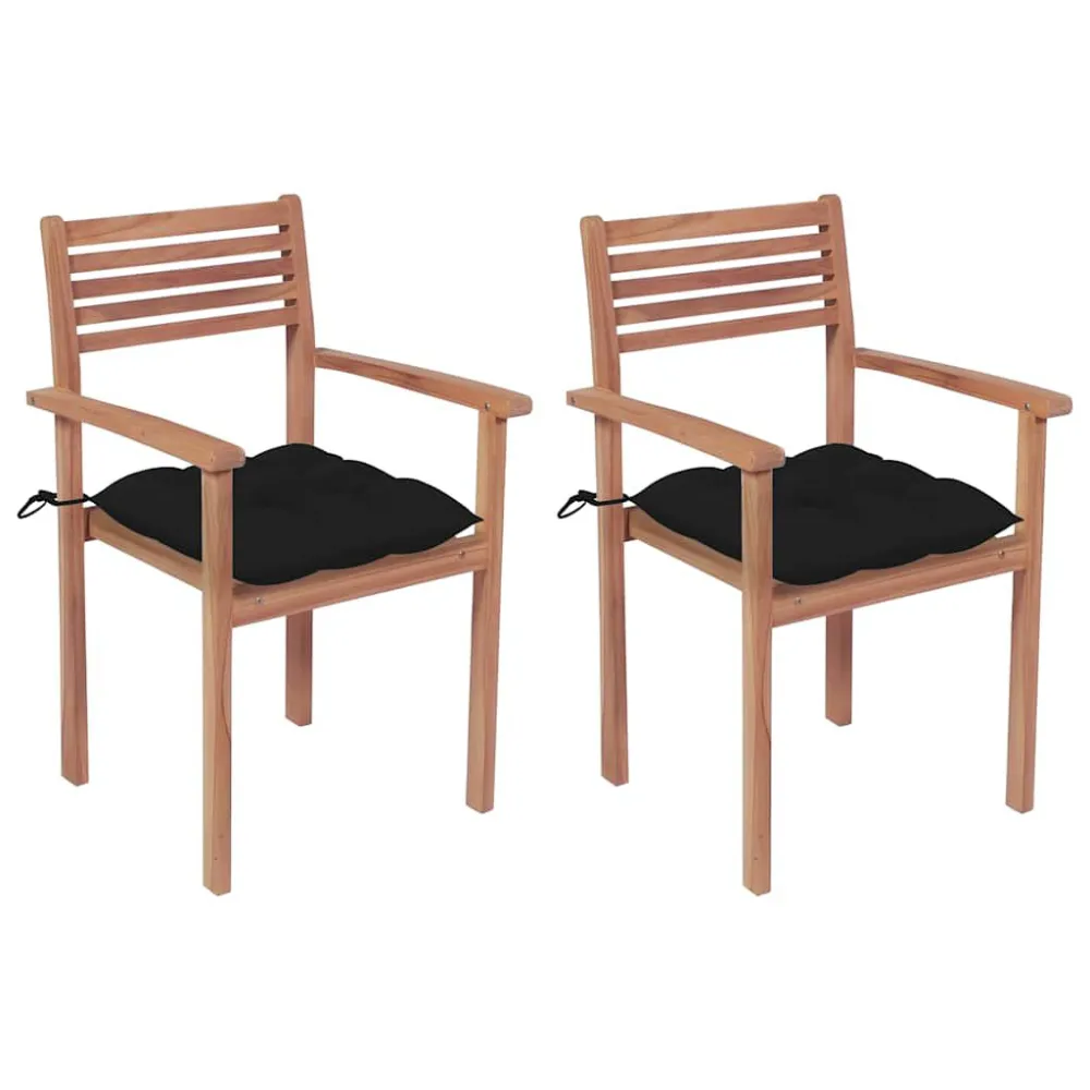 Cadeiras de jardim com almofadões pretos 2 pcs teca maciç com Apoio para Bebidas