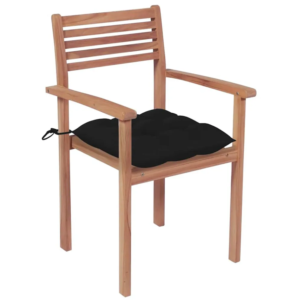 Cadeiras de jardim com almofadões pretos 2 pcs teca maciç com Apoio para Bebidas