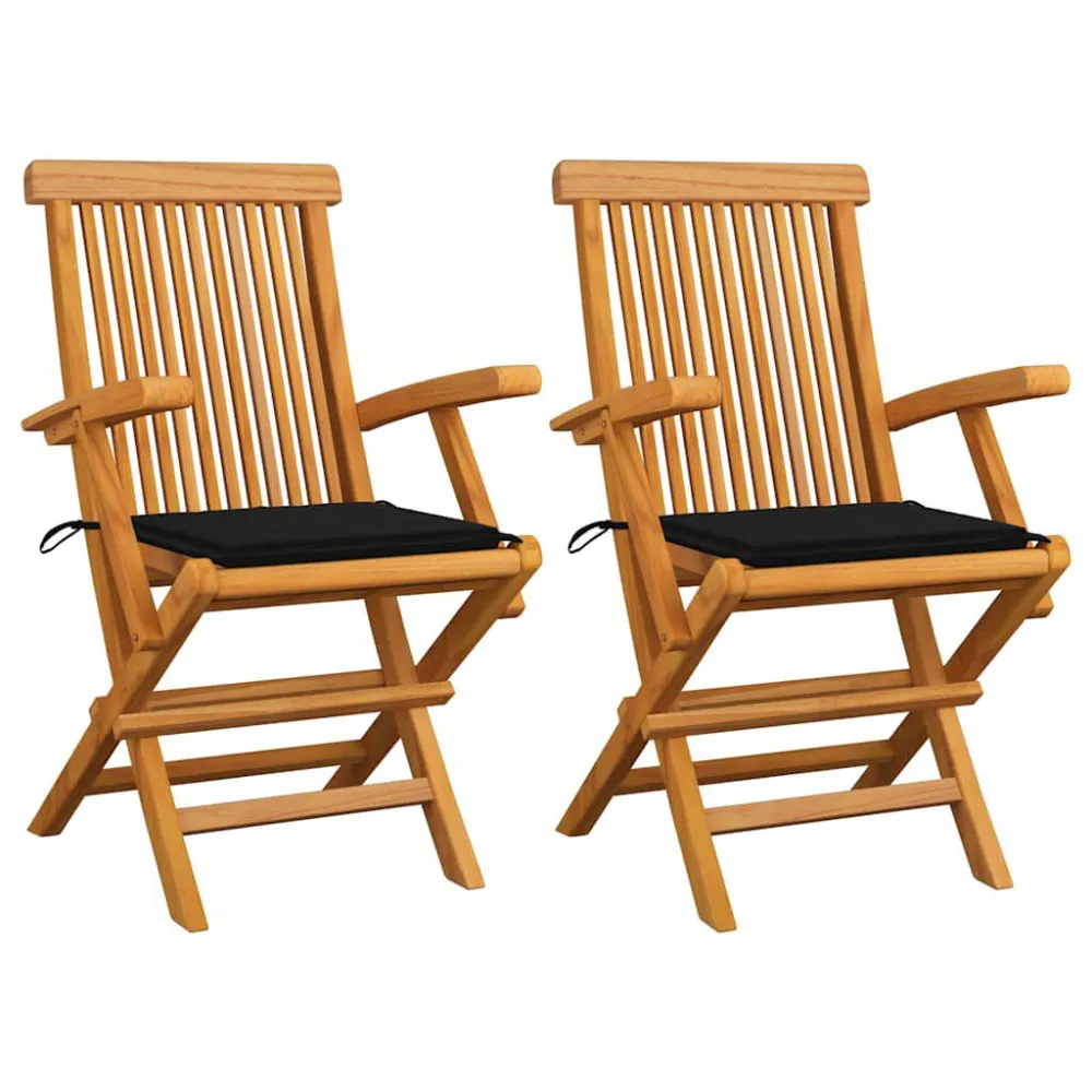 Cadeiras de jardim com almofadões pretos 2 pcs teca maciç Dobrável e Portátil