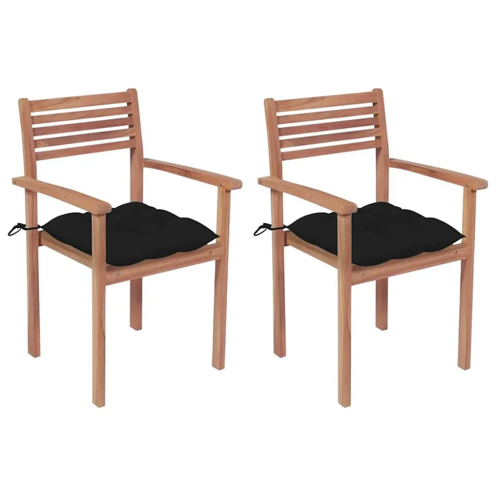 Cadeiras de jardim com almofadões pretos 2 pcs teca maciç com Apoio para Bebidas