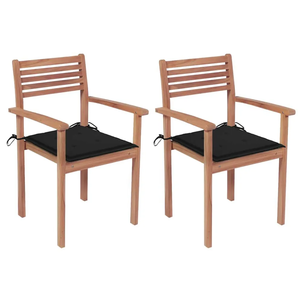 Cadeiras de jardim com almofadões pretos 2 pcs teca maciç com Tecido Impermeável UV
