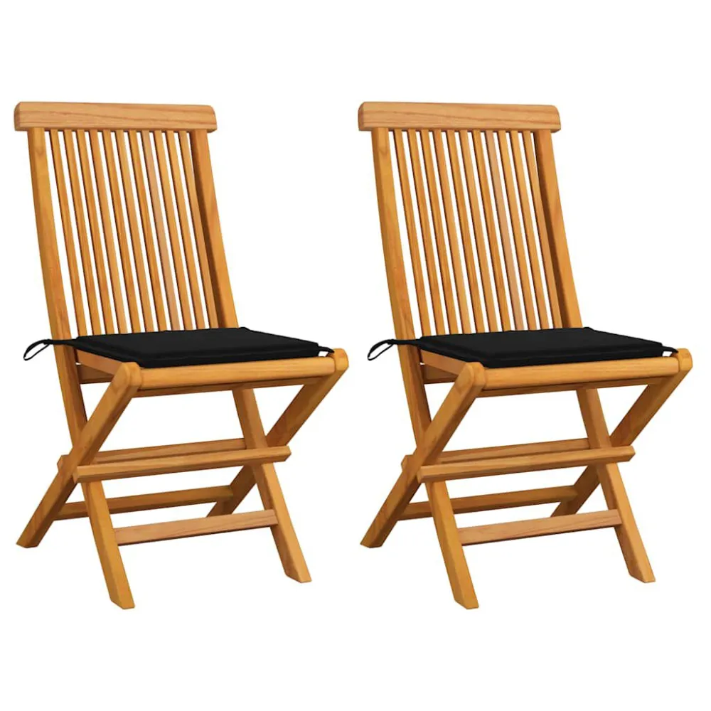 Cadeiras de jardim com almofadões pretos 2 pcs teca maciç | Montagem Fácil e Rápida
