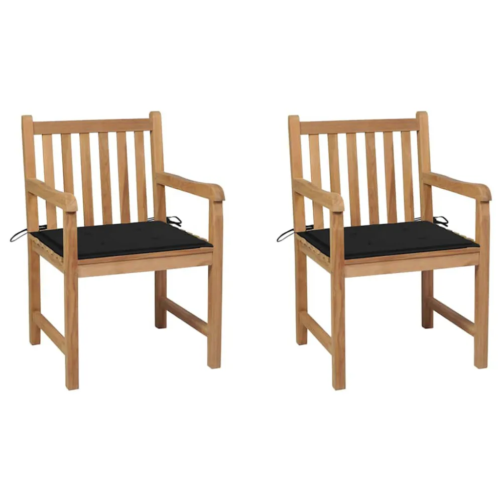 Cadeiras de jardim com almofadões pretos 2 pcs teca maciç Dobrável e Portátil