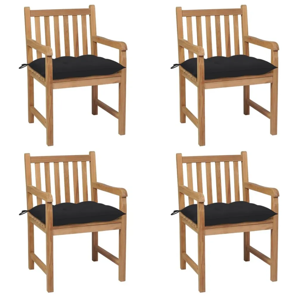 Cadeiras de jardim com almofadões pretos 4 pcs teca maciç em Tecido Sunbrella